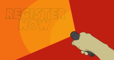 Flashlight illuminates Register Now text. Hand holding pocket LED electric lamp. Abstract animated video.