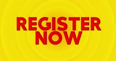 Register Now text with yellow hot summer sun. Simple animation of a bright orange sunlight.