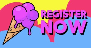 Ice Cream with Register Now text. Colorful animated dancing summer sweet food cartoon. 4k resolution animation, moving image.