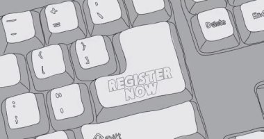 Computer Keyboard with Register Now text. Close-up of an electronic Computer Device part, keypad. Dancing thin lines.