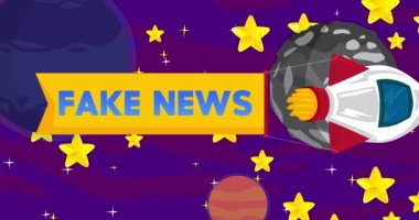 Rocket with Fake News Banner in Space. Cartoon Animation.