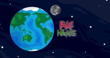Moving Planet Earth and Moon with Fake News Text. Cartoon animated space, cosmos on the background.