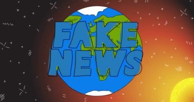 Planet Earth with Fake News text. Line Art Animation. Cartoon animated space, cosmos on the background.