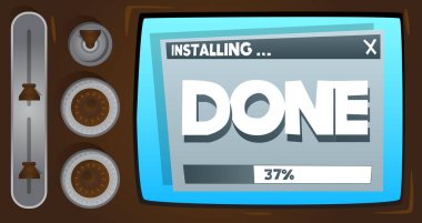 Cartoon Computer With the word Done. Message of a screen displaying an installation window.