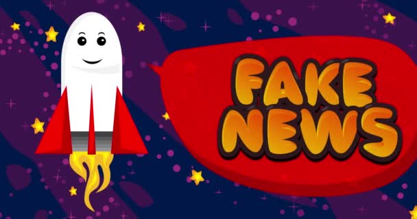 Ракета Космосі Текстом Fake News Червоній Бульбашці Мовлення Cartoon Animation — стокове відео
