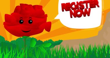 Red Flower saying Register Now with speech bubble. Wildflower cartoon animation.