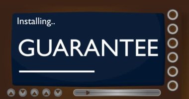 Cartoon Computer With the word Guarantee. Video message of a screen displaying an installation window.