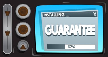 Cartoon Computer With the word Guarantee. Message of a screen displaying an installation window.