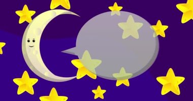 Moon saying Register Now. Text with speech bubble on the night sky. Cartoon animation video.