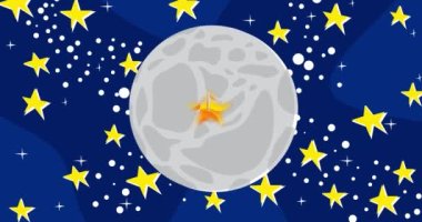 Register Now Text on the Moon with the night sky and stars. Cartoon animation video.