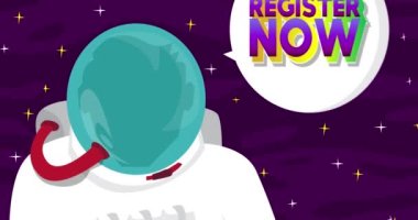 Astronaut saying Register Now in space with speech bubble. Abstract cartoon animation. 4k HD Format resolution video.