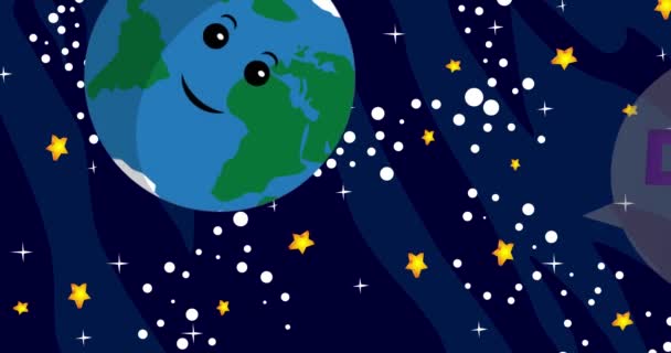 行星地球说完成与语音泡沫 卡通动画 背景上的宇宙 — 图库视频影像