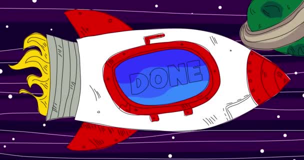 Uzayda Roket Penceresinde Bitmiş Metin Çizgi Sanat Çizgi Filmi Canlandırması — Stok video