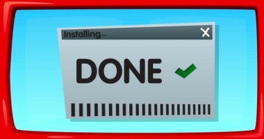 Bir kurulum penceresinde bitmiş metin ve İşaretli soyut çizgi film ekranı. Bilgisayar Yazılımı. Bir ekran kurulum penceresini gösteren video iletisi.