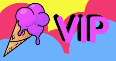 VIP mesajlı dondurma. Renkli animasyon dans eden yaz tatlı yemek çizgi filmi. 4k çözünürlük canlandırması, hareket eden resim.