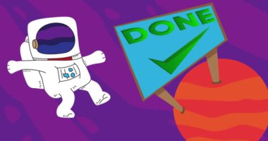 Astronot, Kırmızı Gezegen 'in yakınlarında Checkmark Billboard ile yapılmış metni ile sürükleniyordu. Soyut çizgi film animasyonu. 4k HD Biçimli Çözünürlük videosu.