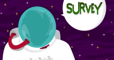 Astronot, uzayda konuşma baloncuğuyla araştırma yaptığını söylüyor. Soyut çizgi film animasyonu. 4k HD Biçimli Çözünürlük videosu.