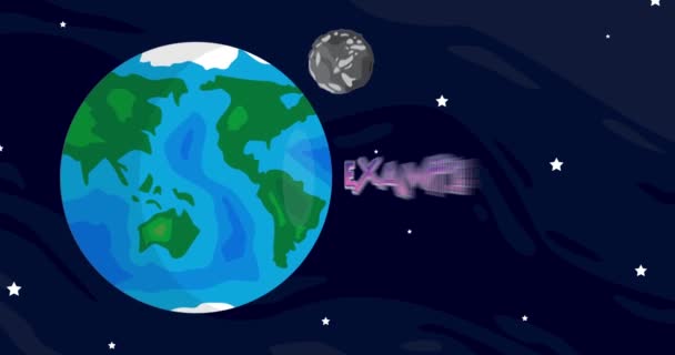 用示例文字移动地球和月球 卡通动画空间 背景中的宇宙 — 图库视频影像