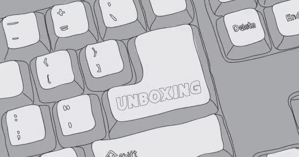 Computer Toetsenbord Met Unboxing Tekst Close Van Een Elektronisch Computerapparaatonderdeel — Stockvideo