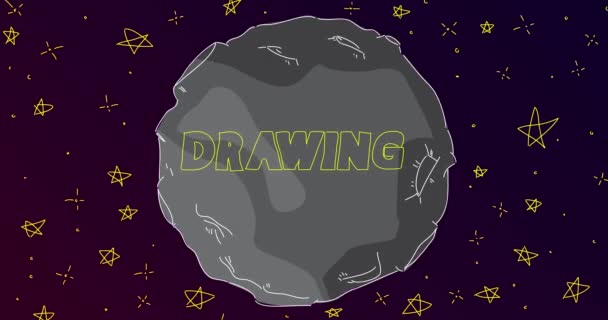 線画のテキストとアート漫画の月 灰色の惑星と星との抽象的な夜空 漫画アニメビデオ — ストック動画