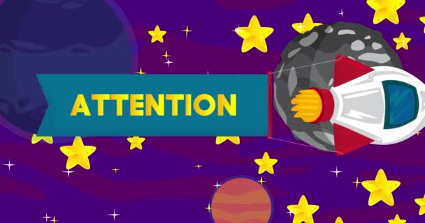 Rakéta Figyelem Bannerrel Űrben Rajzfilm Animáció — Stock videók