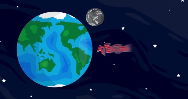 Movendo Planeta Terra Lua Com Texto Atenção Desenhos Animados Espaço — Vídeo de Stock