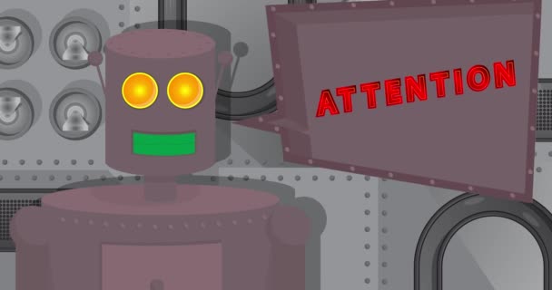 Robot Říká Pozor Řečovou Bublinou Cartoon Animated Video Animace Budoucí — Stock video