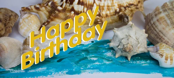 Animal Shell, Summer vacation, marine background with Happy Birthday text.