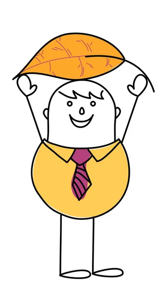 手描き漫画男保持大オレンジ秋の葉上彼の頭 — ストックベクタ