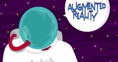 Astronot uzayda konuşma baloncuğu ile güçlendirilmiş gerçeklik diyor. Soyut çizgi film animasyonu. 4k HD Biçimli Çözünürlük videosu.