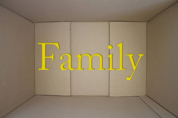 Family Word Cardboard Box Brown Folded Card Box — Stock Photo, Image