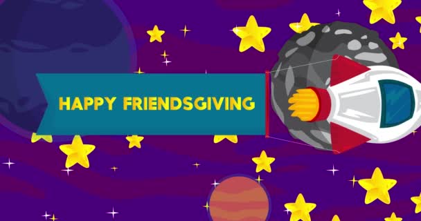 Raket Met Happy Friendsgiving Banner Ruimte Cartoon Animatie — Stockvideo