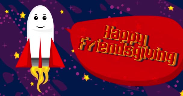 Rocket Space Happy Friendsgiving Text Red Speech Bubble Cartoon Animation — Stock Video