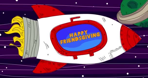 Pencerede Mutlu Dostlar Metni Olan Bir Roket Uzayda Çizgi Sanat — Stok video