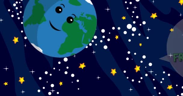 行星地球说快乐的友谊与言语泡沫 卡通动画 背景上的宇宙 — 图库视频影像