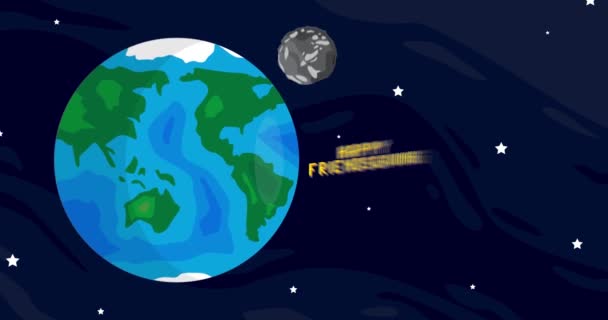 用快乐友谊的文字移动地球和月亮 卡通动画空间 背景中的宇宙 — 图库视频影像