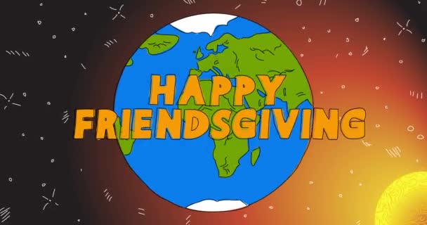 Planeten Jorden Med Happy Friendsgiving Text Line Art Animation Tecknad — Stockvideo