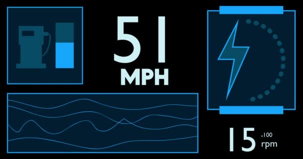 ゴーストテキストとハイブリッド車のダッシュボード デジタルグラフィカルユーザーインターフェースアニメーション — ストック動画