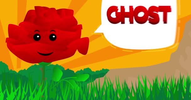 Red Flower Säger Ghost Med Pratbubbla Animering Tecknad Vildblomma — Stockvideo