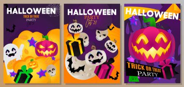 Mutlu Cadılar Bayramı parti posterleri, davetiyeler, tebrik kartları. Vektör çizimi gece bulutları ve balkabakları, hayalet, ay, örümcekler ağı, yarasa. Reklam, web, sosyal medya şablonu.