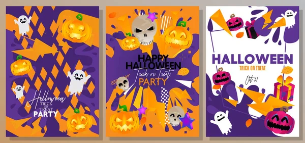 Ensemble Affiches Fête Halloween Invitations Cartes Vœux Illustration Vectorielle Nuages — Image vectorielle