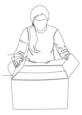 Posta paketini açan kadın müşterinin sürekli çizdiği bir çizgi. İnce Çizgi Çizimi Vektör Konsepti. Contour Yaratıcı Fikirler Çiziyor.