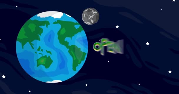 用开放文字移动行星 地球和月球 卡通动画空间 背景中的宇宙 — 图库视频影像