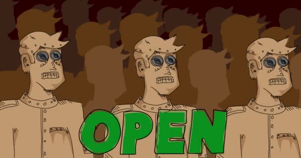 Armáda Robotů Otevřeným Textem Line Art Animated Video Animace Karikatury — Stock video