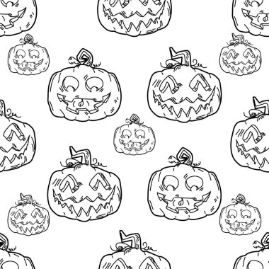 Jack O 'Lantern Balkabağı ile kusursuz bir Cadılar Bayramı deseni. Vektör geçmişi, ambalaj kağıdı, davetiyeler, tebrik kartları. Reklam, web, sosyal medya şablonu.