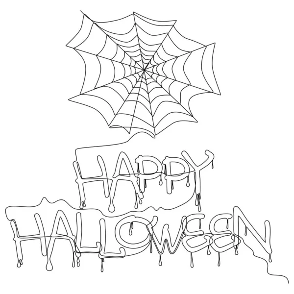 Uma Linha Contínua Uma Teia Aranha Texto Feliz Halloween Conceito —  Vetores de Stock