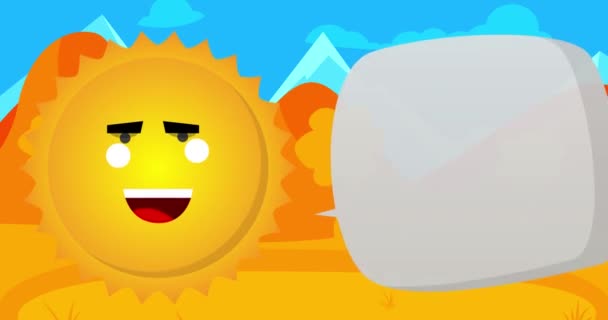 夏日的太阳说着秋天的销售词 在蓝天上有一个语音泡沫 明亮的橙色阳光的简单动画 — 图库视频影像