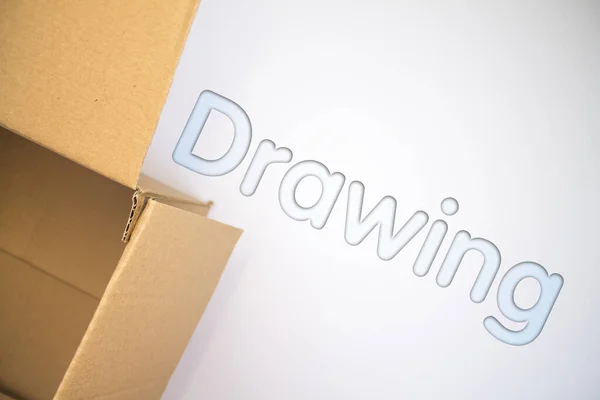 Drawing word with cardboard box. Brown folded card box.