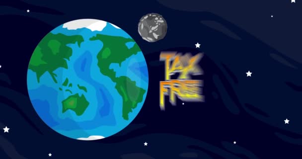 惑星地球と月を免税で移動するテキスト 漫画のアニメーションスペース 背景のコスモス — ストック動画