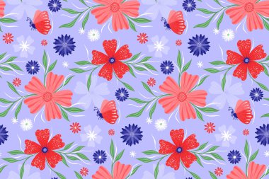 İçinde çiçekler ve kelebekler olan bahar kartı. Çok Peri.